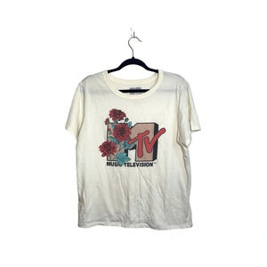 MTV Ivory White Floral Print Short Sleeve Crop Graphic Tee Large Women’s